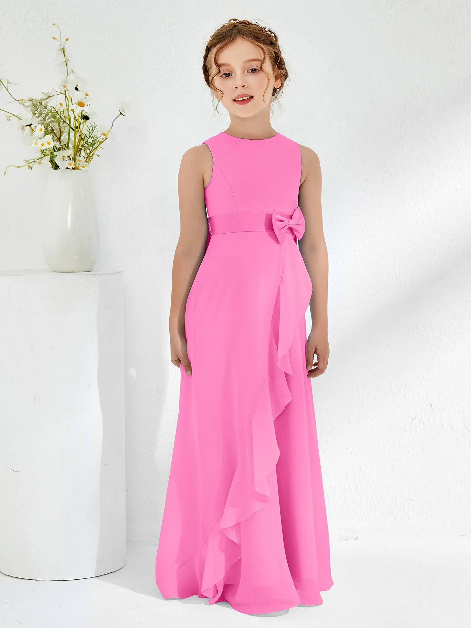 Bateau Neckline Ruffle Junior Bridesmaid Gowns Azalea