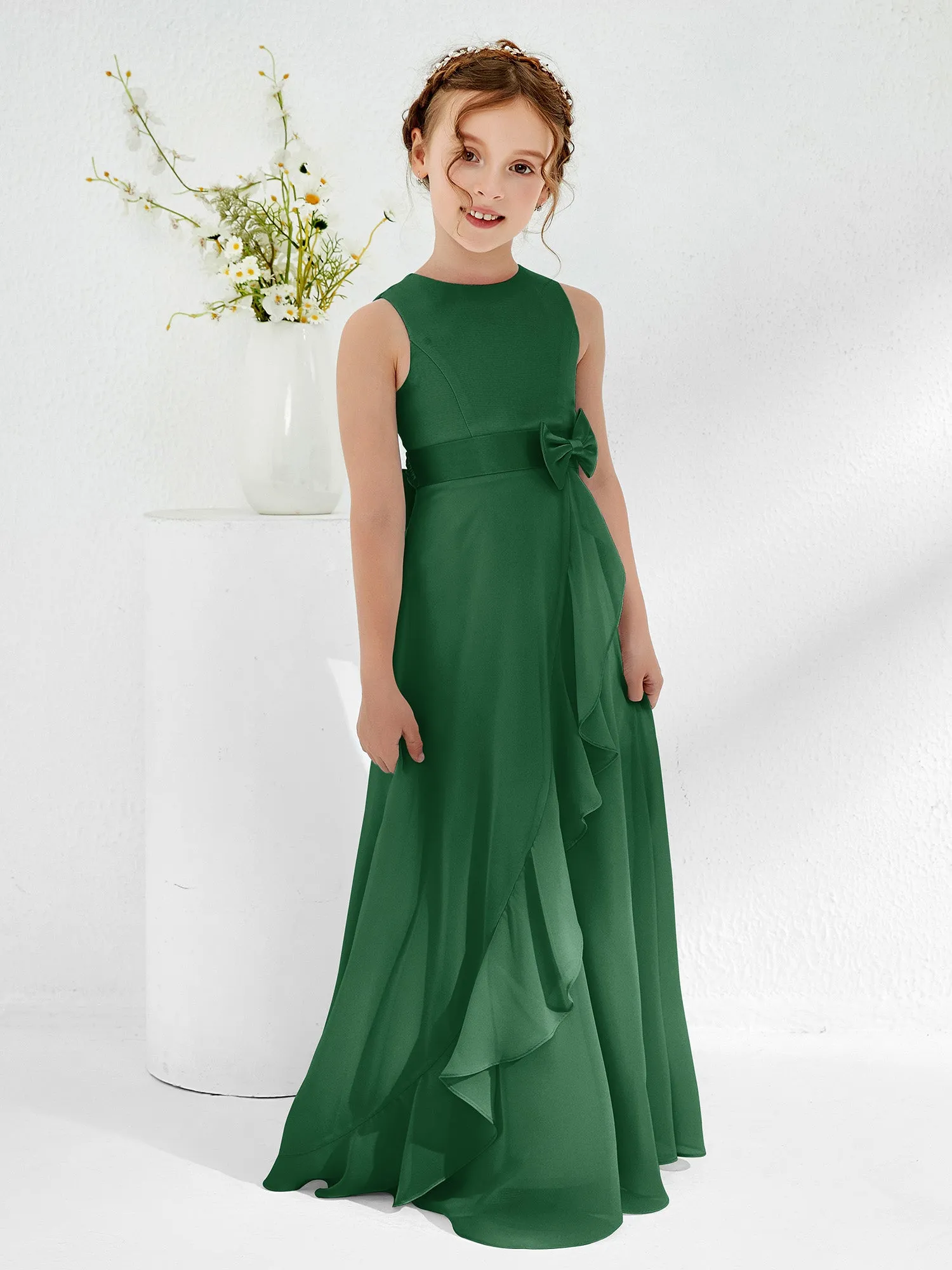 Bateau Neckline Ruffle Junior Bridesmaid Gowns Dark Green