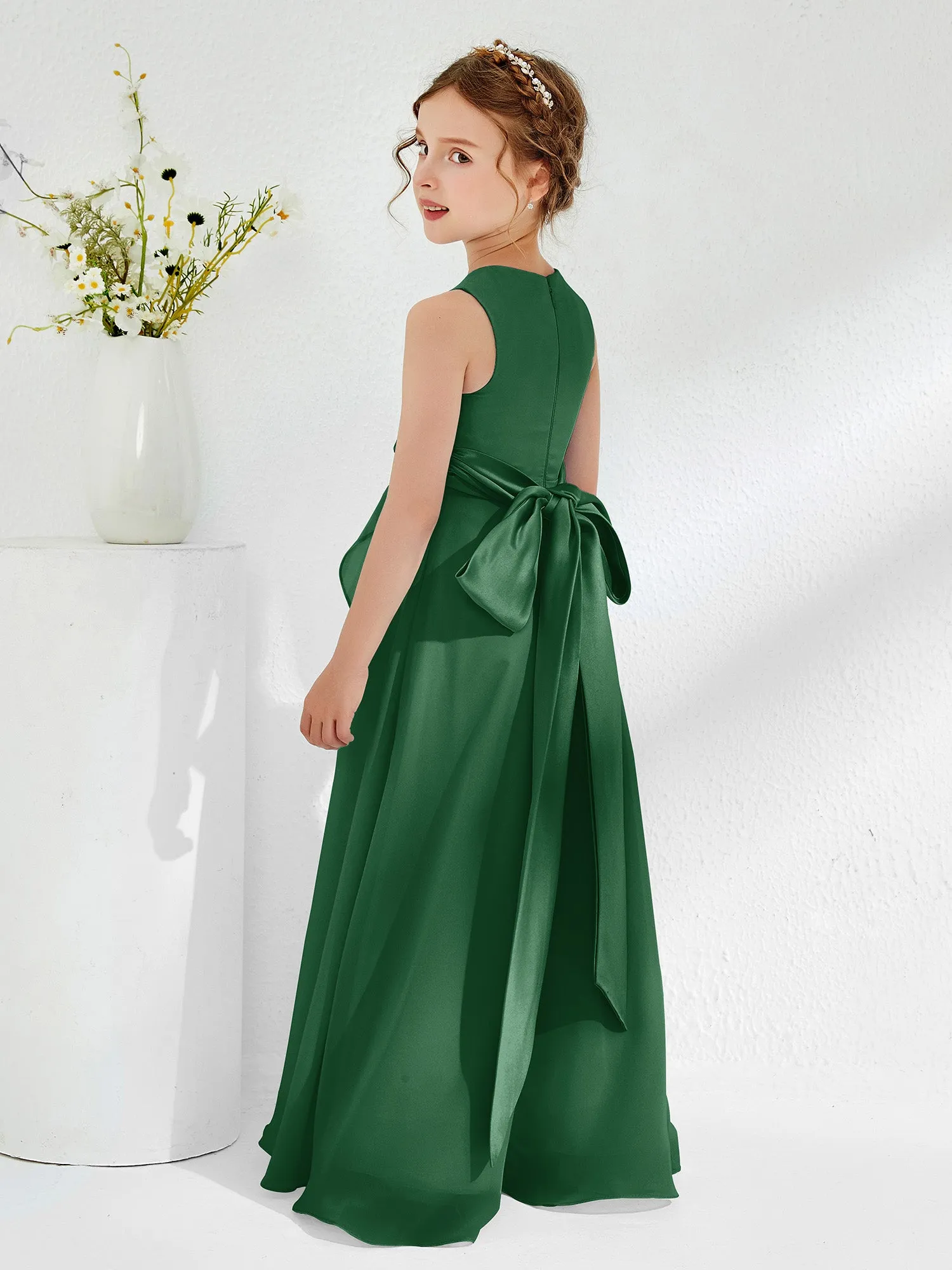 Bateau Neckline Ruffle Junior Bridesmaid Gowns Dark Green