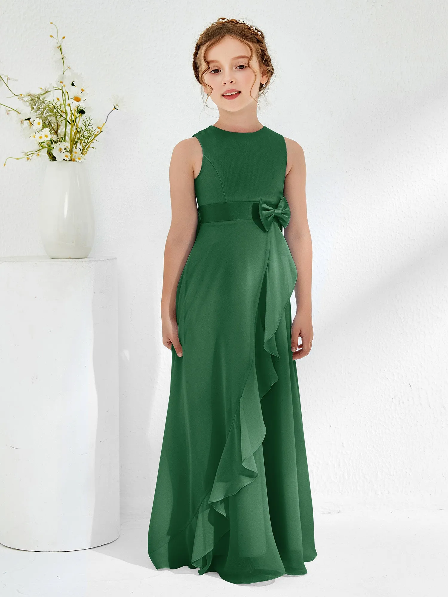 Bateau Neckline Ruffle Junior Bridesmaid Gowns Dark Green