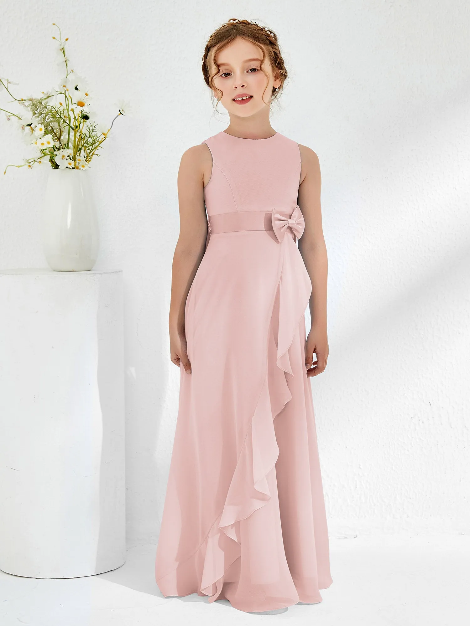 Bateau Neckline Ruffle Junior Bridesmaid Gowns Dusty Rose