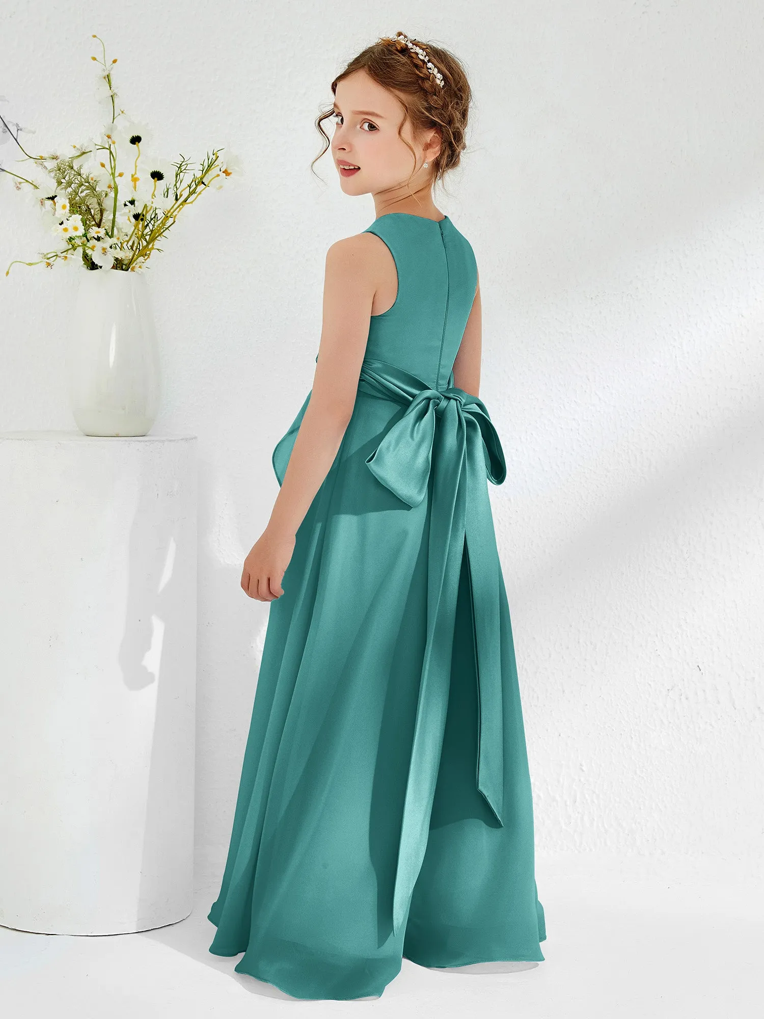 Bateau Neckline Ruffle Junior Bridesmaid Gowns Jade