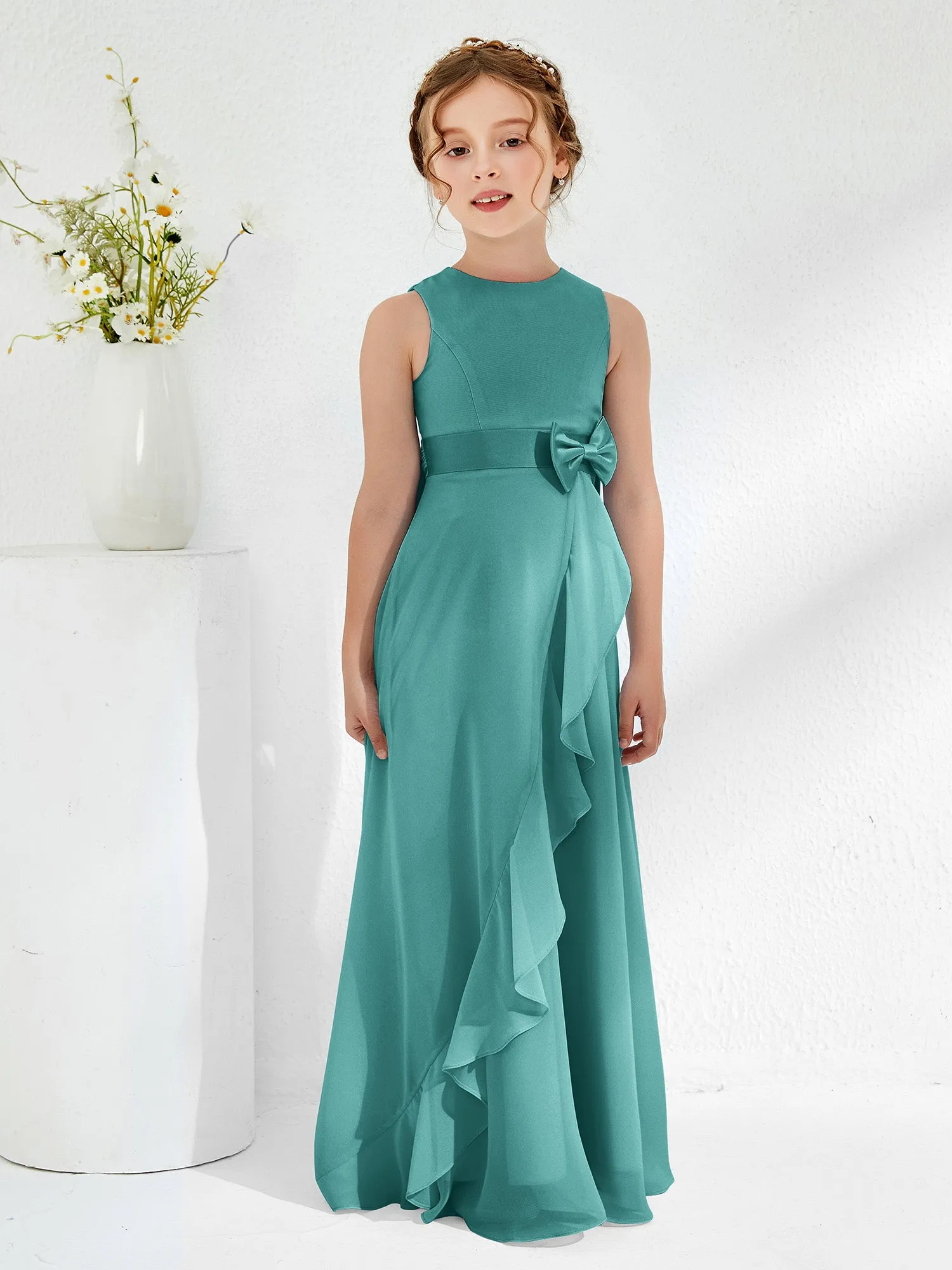 Bateau Neckline Ruffle Junior Bridesmaid Gowns Jade