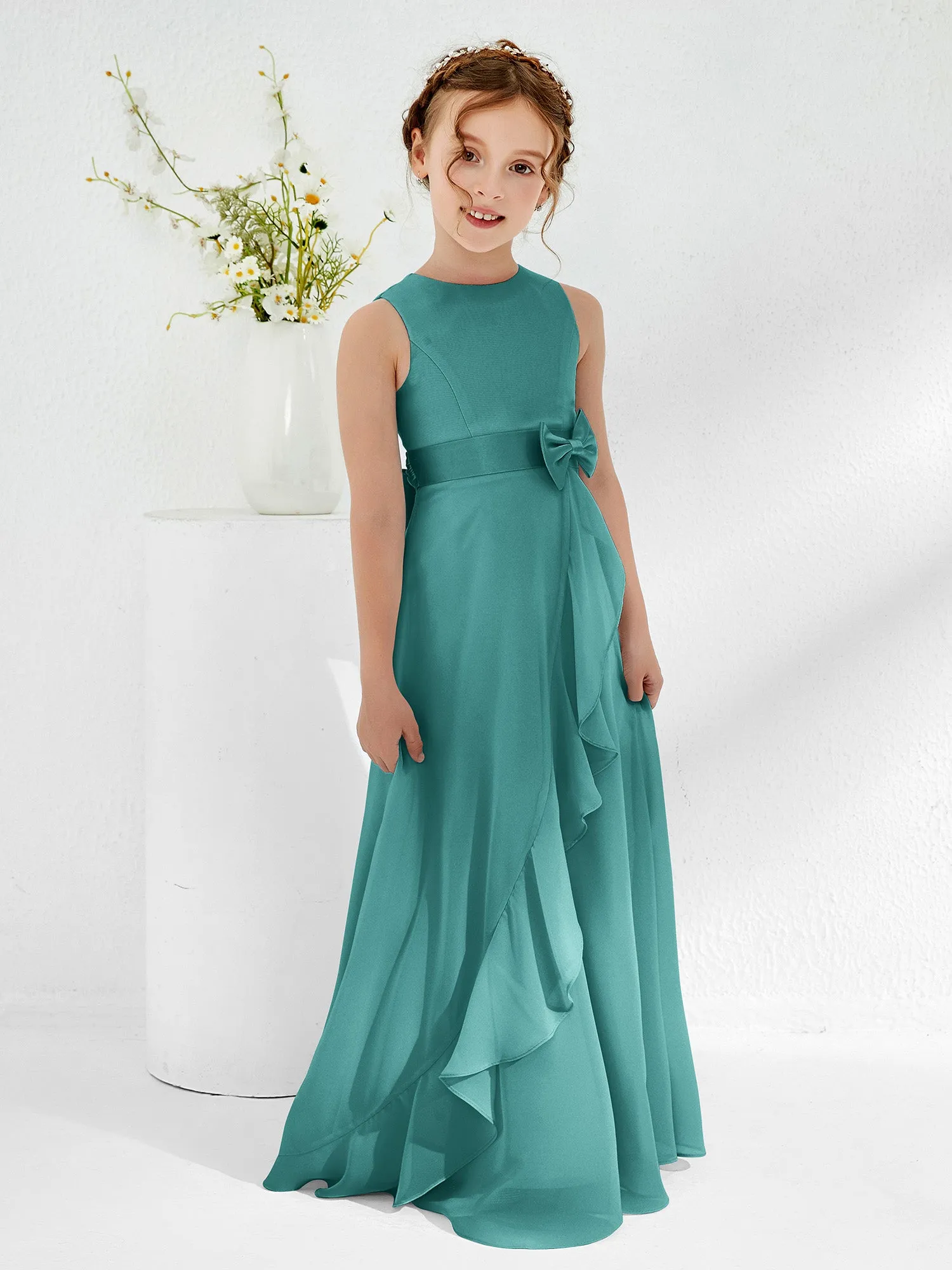 Bateau Neckline Ruffle Junior Bridesmaid Gowns Jade