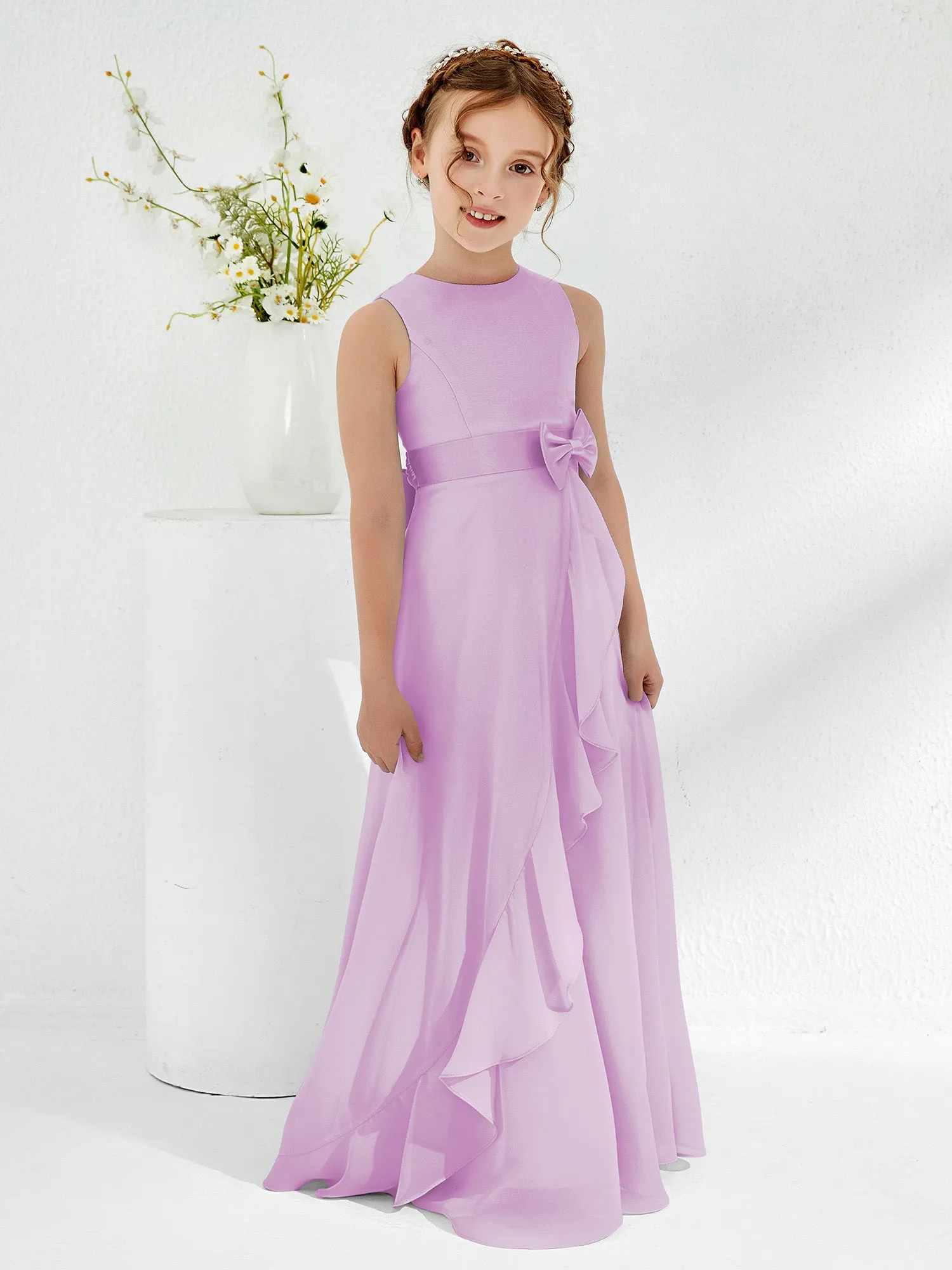 Bateau Neckline Ruffle Junior Bridesmaid Gowns Lilac