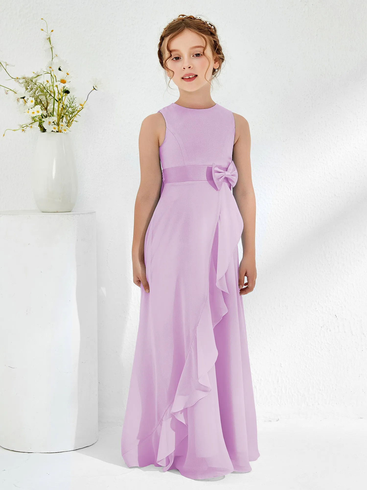 Bateau Neckline Ruffle Junior Bridesmaid Gowns Lilac