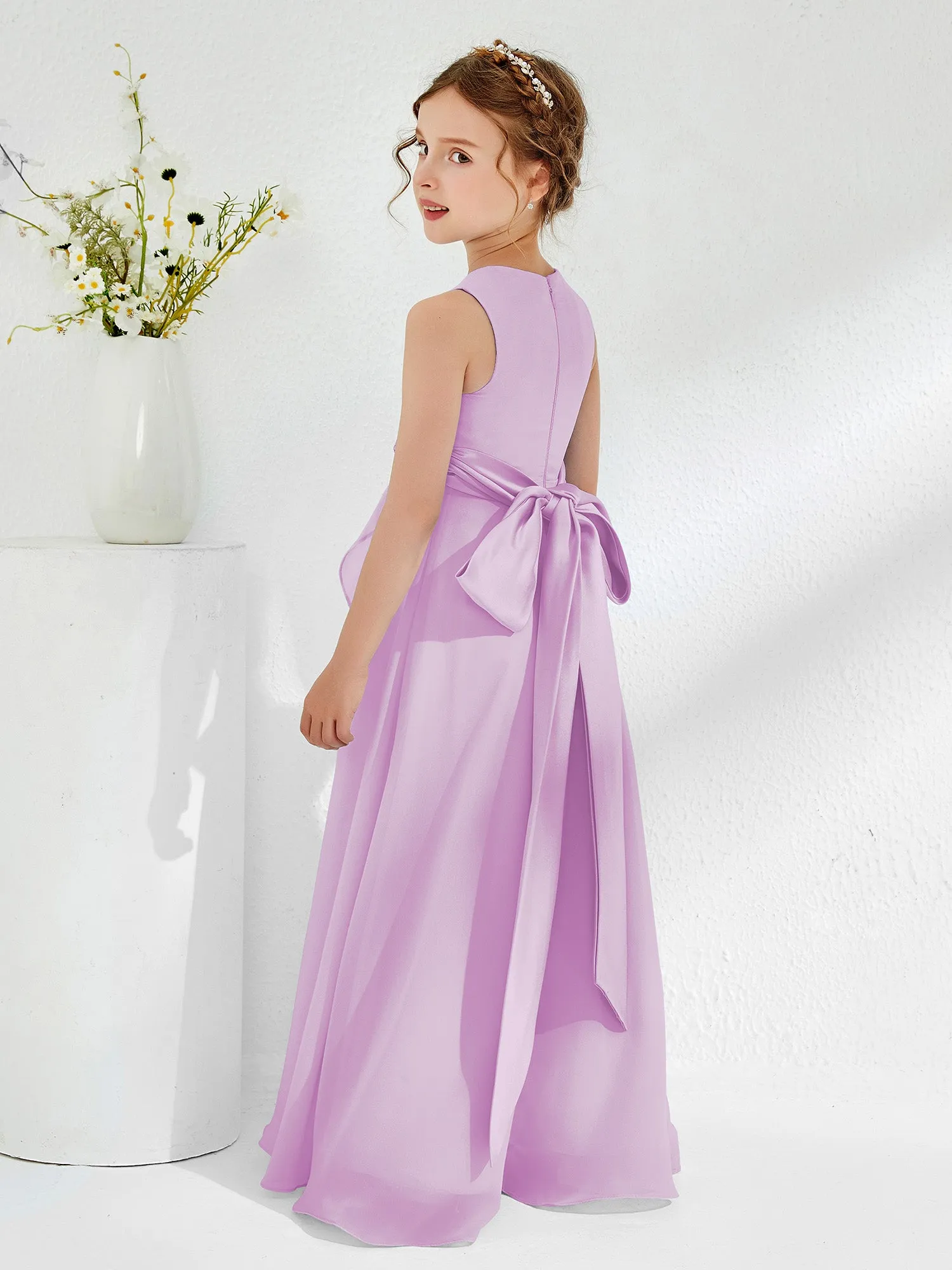 Bateau Neckline Ruffle Junior Bridesmaid Gowns Lilac