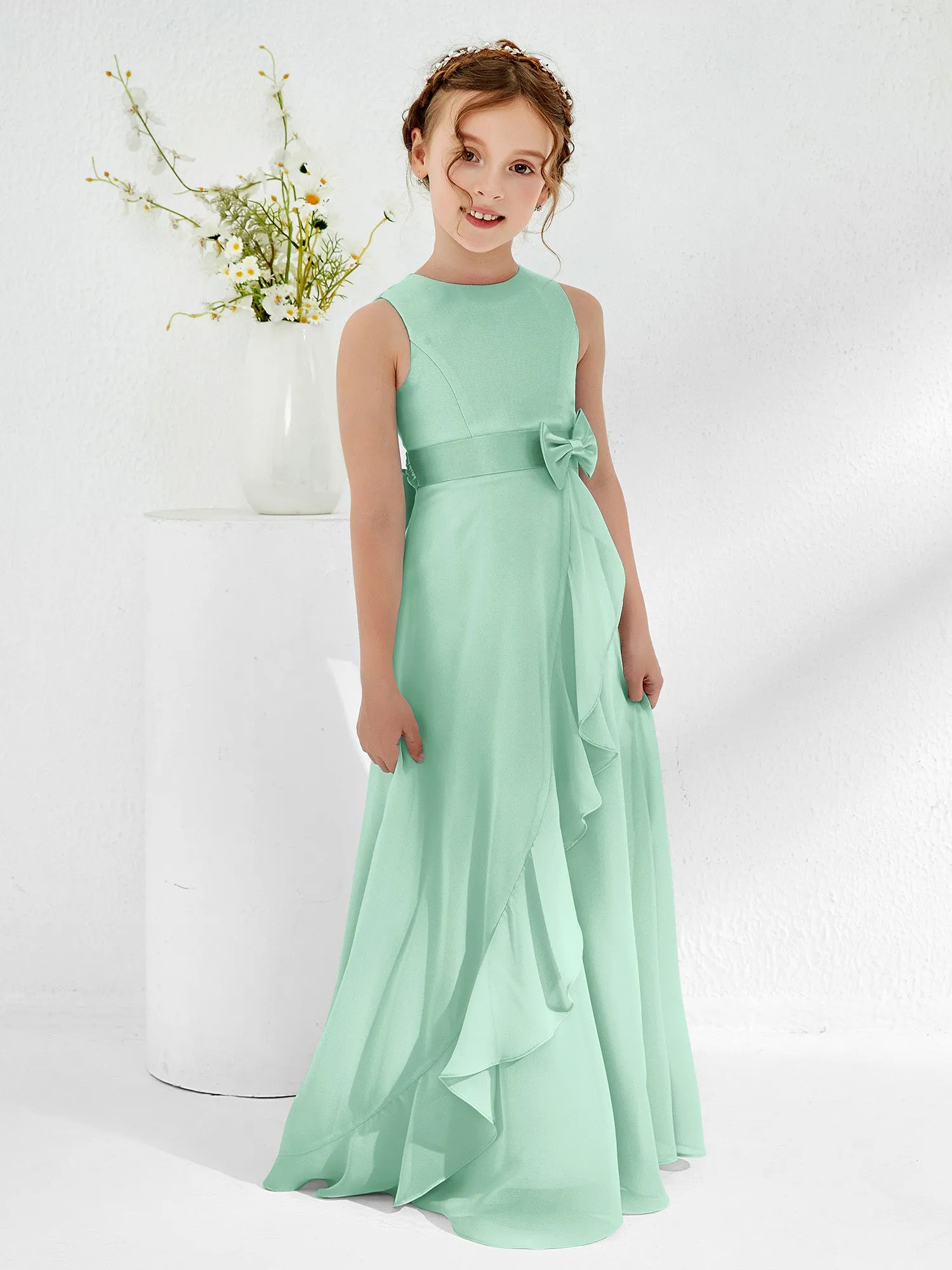 Bateau Neckline Ruffle Junior Bridesmaid Gowns Mint Green
