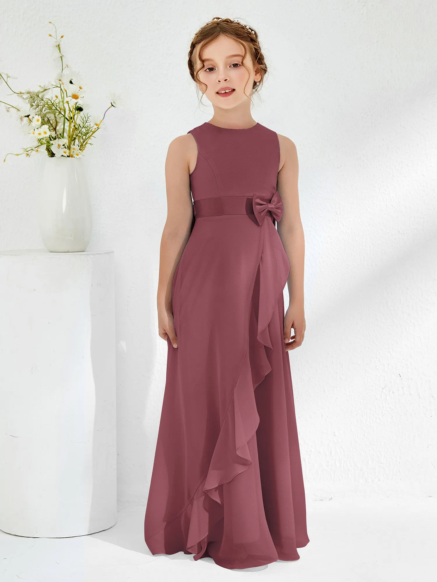 Bateau Neckline Ruffle Junior Bridesmaid Gowns Mulberry