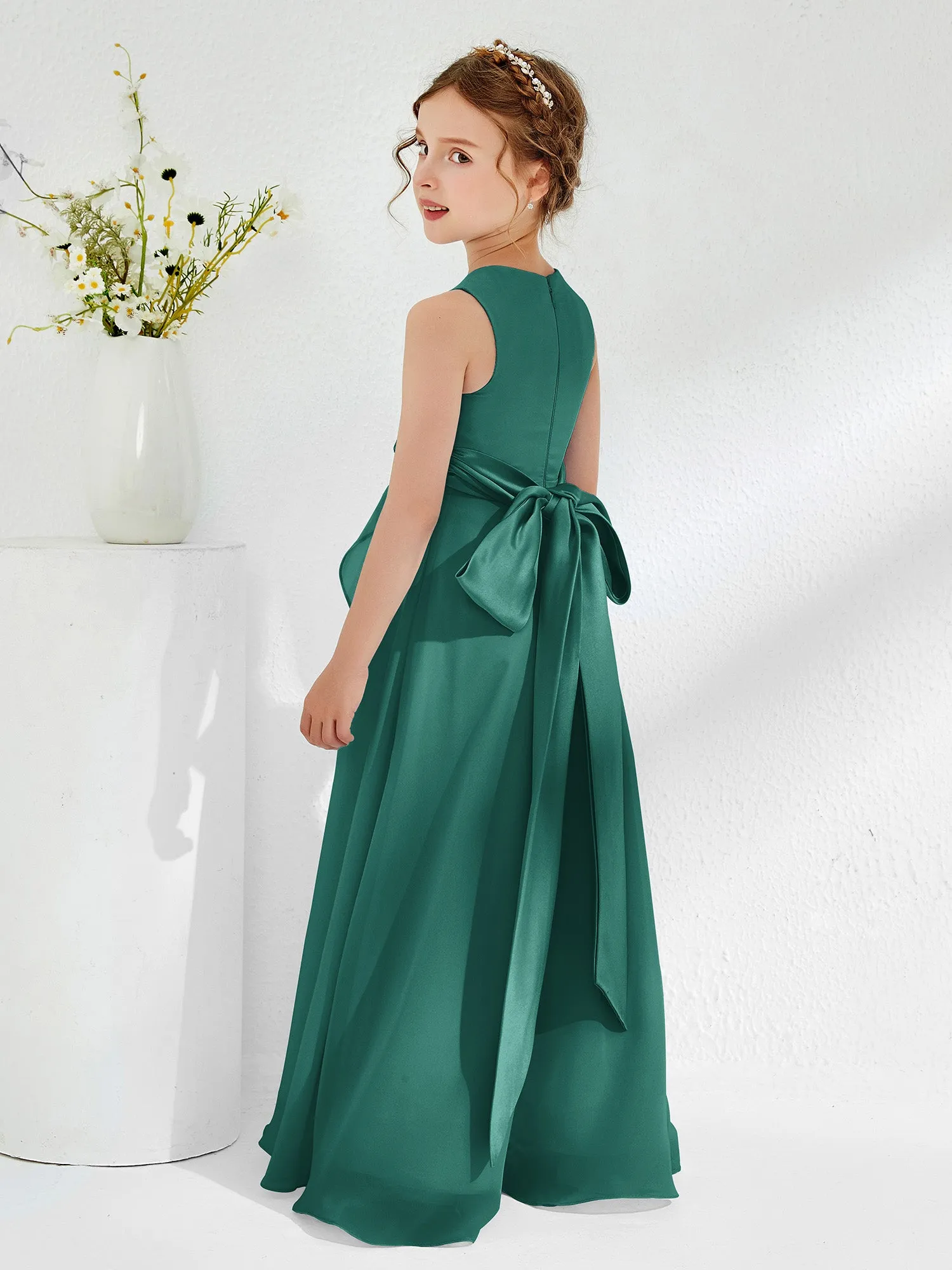 Bateau Neckline Ruffle Junior Bridesmaid Gowns Peacock