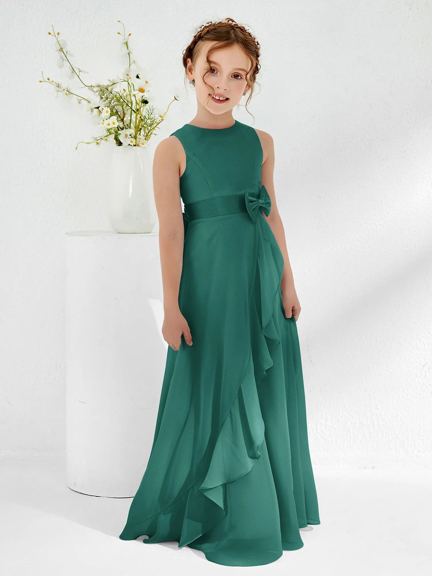 Bateau Neckline Ruffle Junior Bridesmaid Gowns Peacock