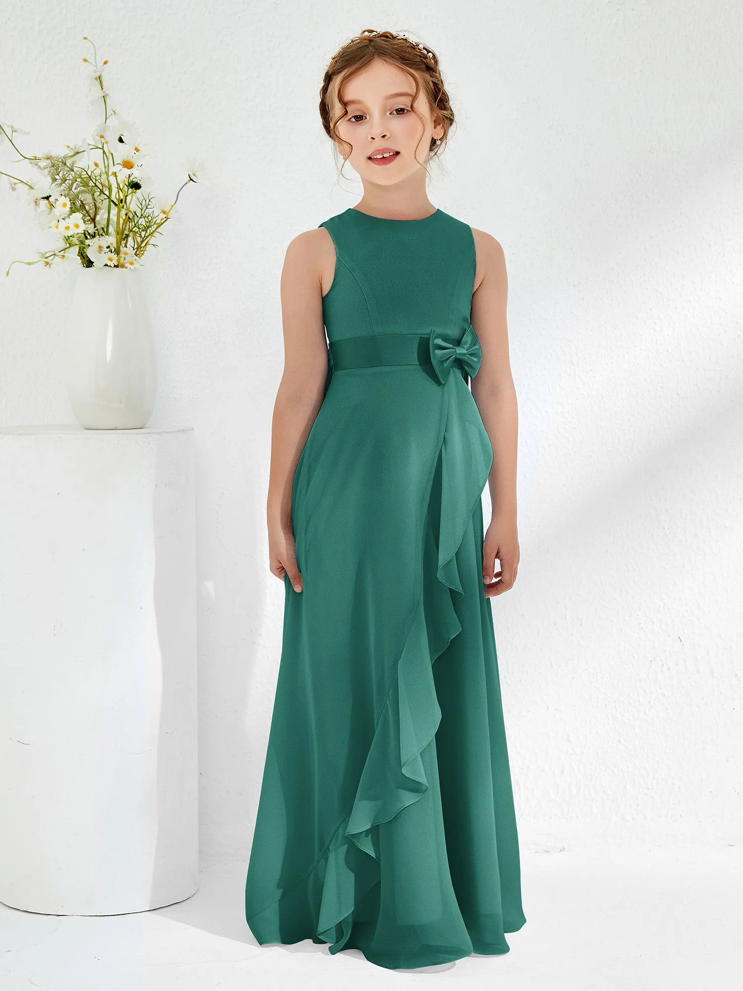 Bateau Neckline Ruffle Junior Bridesmaid Gowns Peacock