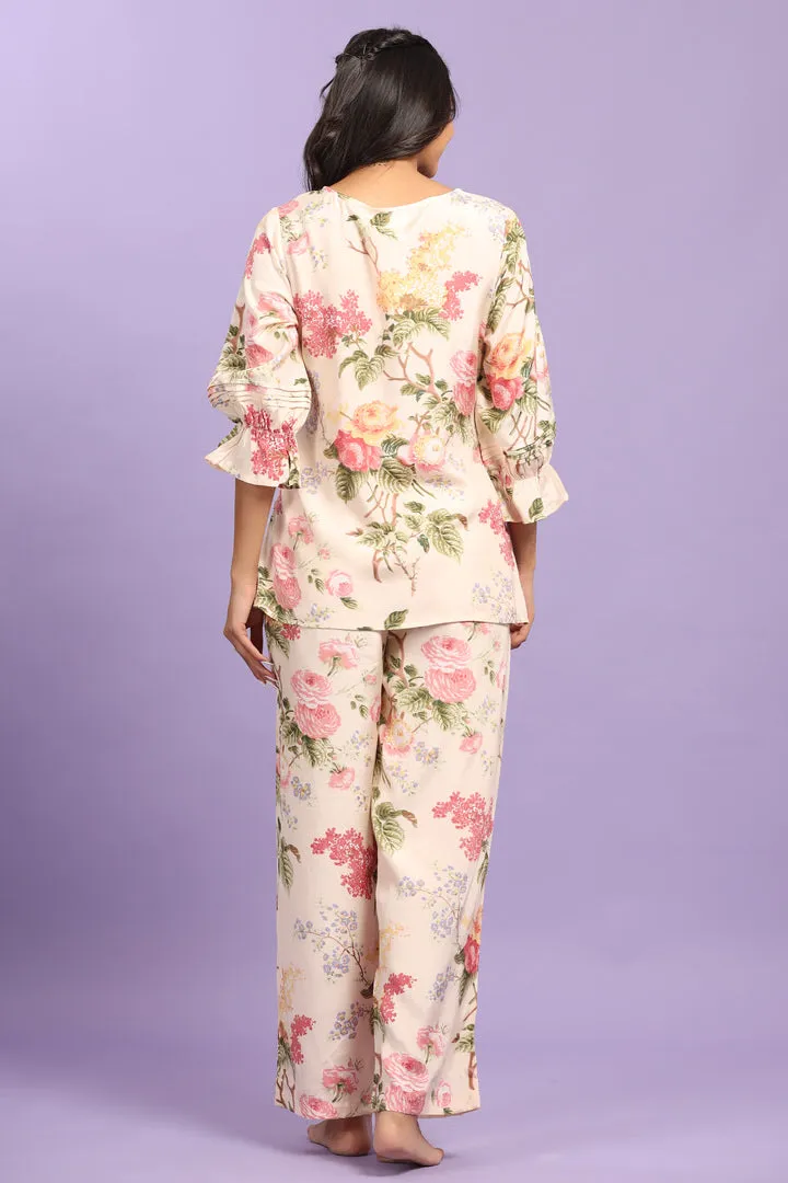 Floral Bouquet Cream coloured Silk Co-ord Set