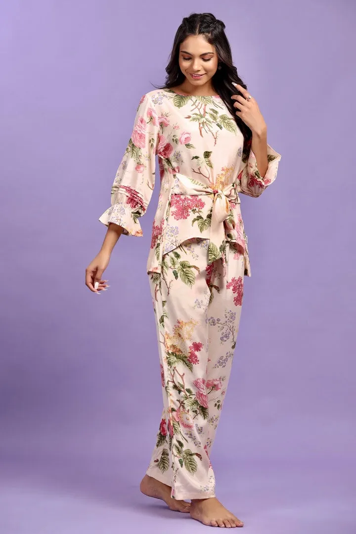 Floral Bouquet Cream coloured Silk Co-ord Set