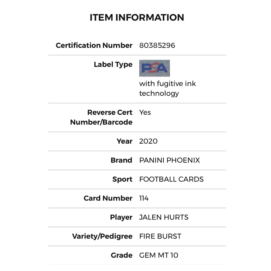 Jalen Hurts PSA 10 GEM MINT 2020 Panini Phoenix Fire Burst Rookie Card