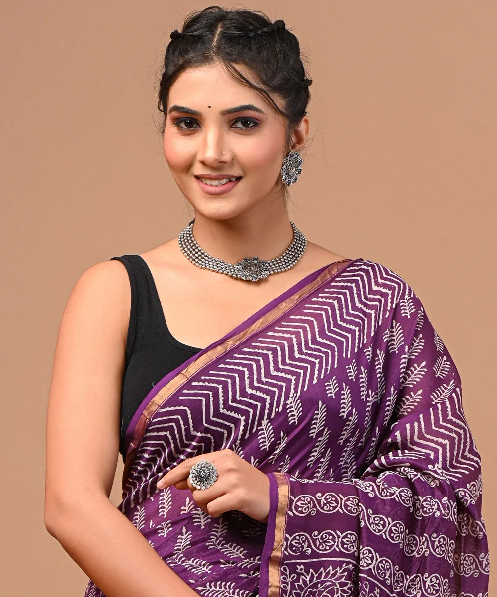 Lavender offwhite cotton silk hand block printed sanganeri saree