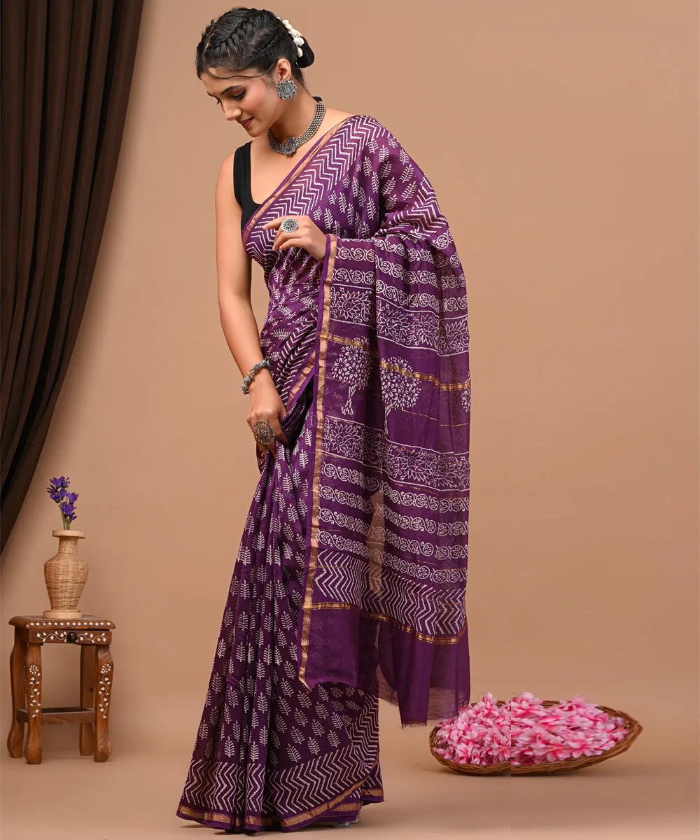 Lavender offwhite cotton silk hand block printed sanganeri saree