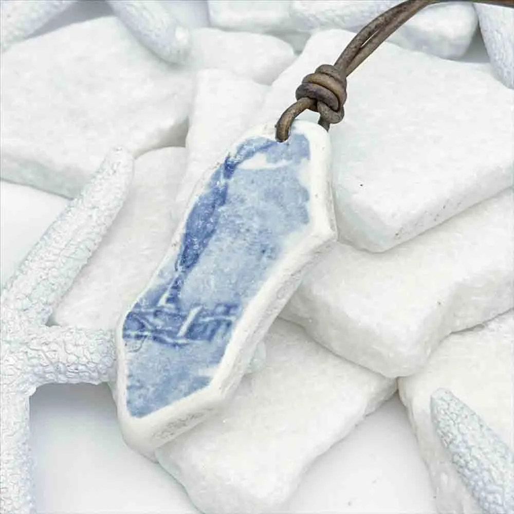 Light Blue and White Vintage Dinnerware Sea Pottery Shard Leather Necklace | #5088