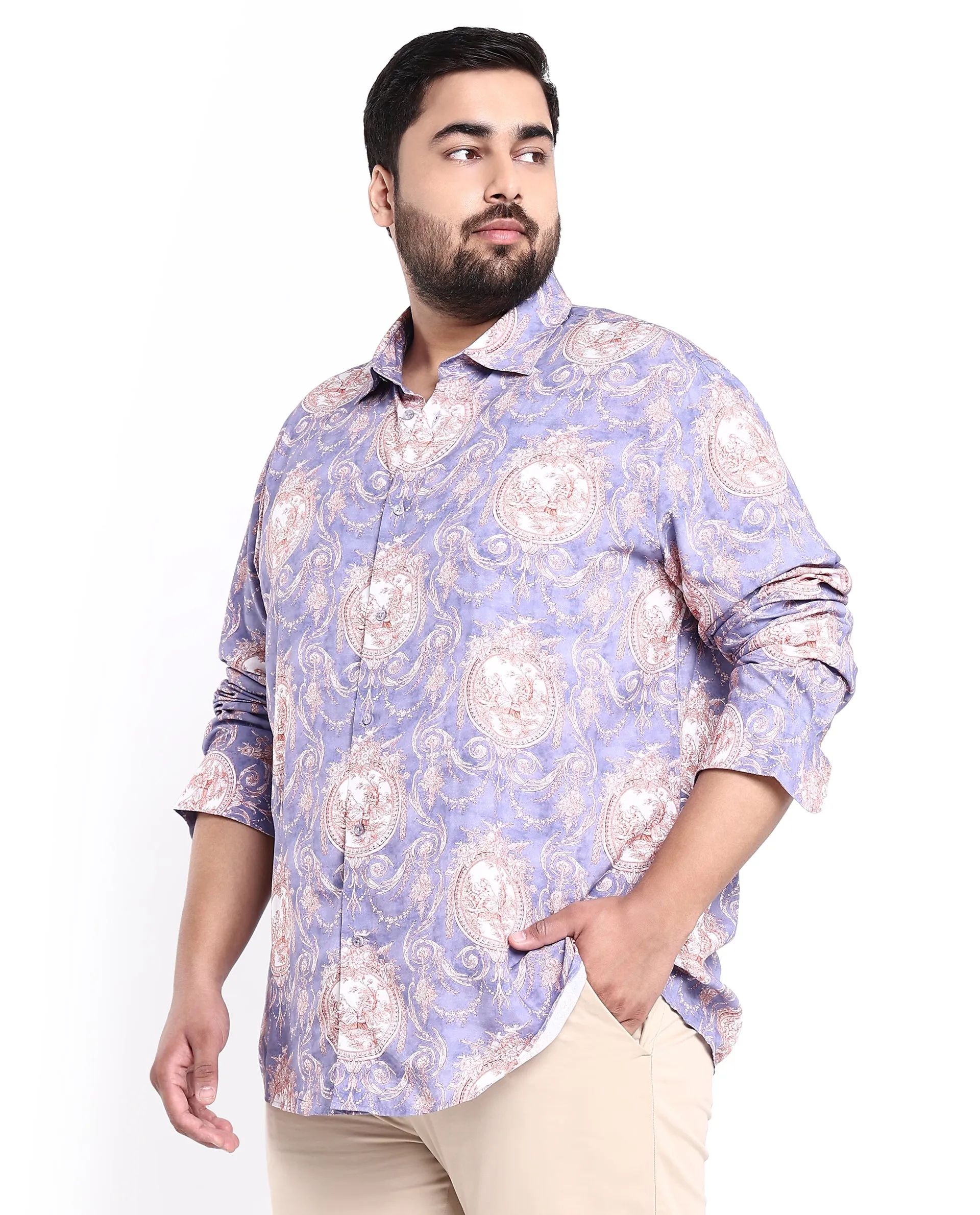 Rare Rabbit Men's Theon Dusky Purple Viscose Fabric Full Sleeves Floral Print Shirt Plus Size