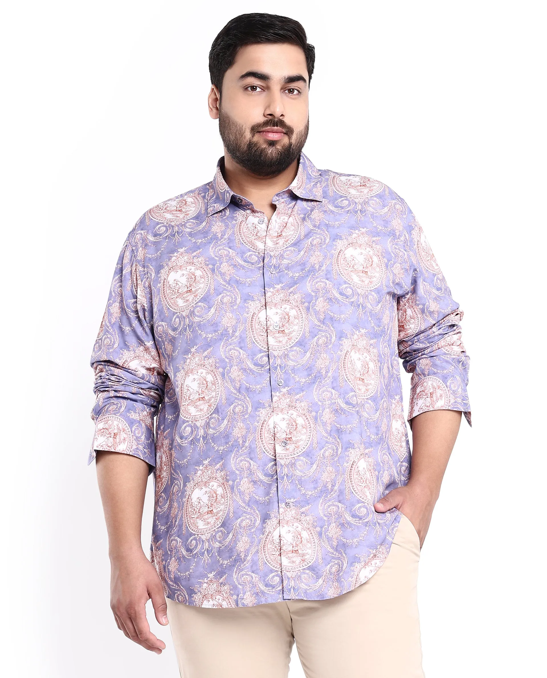 Rare Rabbit Men's Theon Dusky Purple Viscose Fabric Full Sleeves Floral Print Shirt Plus Size