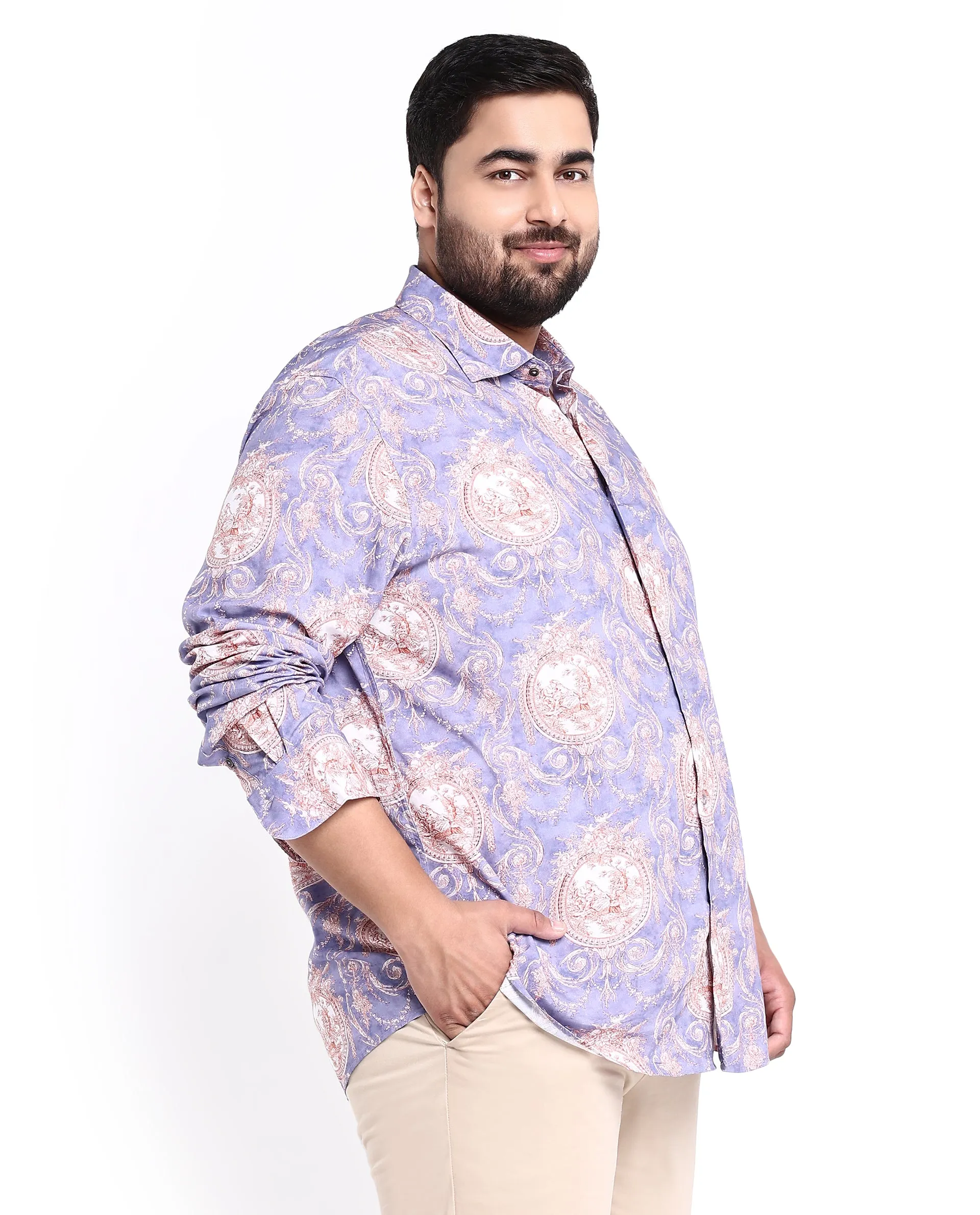 Rare Rabbit Men's Theon Dusky Purple Viscose Fabric Full Sleeves Floral Print Shirt Plus Size