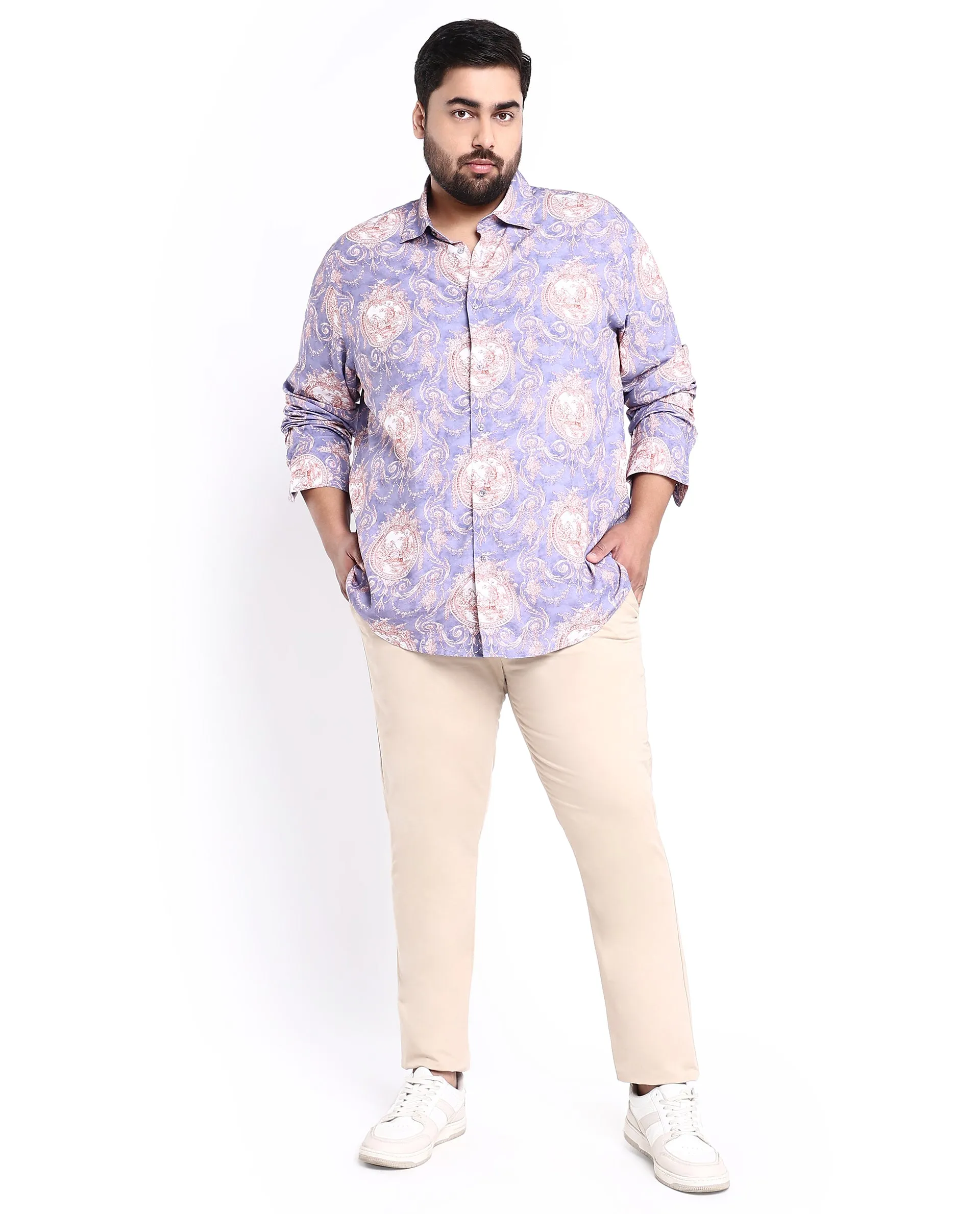 Rare Rabbit Men's Theon Dusky Purple Viscose Fabric Full Sleeves Floral Print Shirt Plus Size