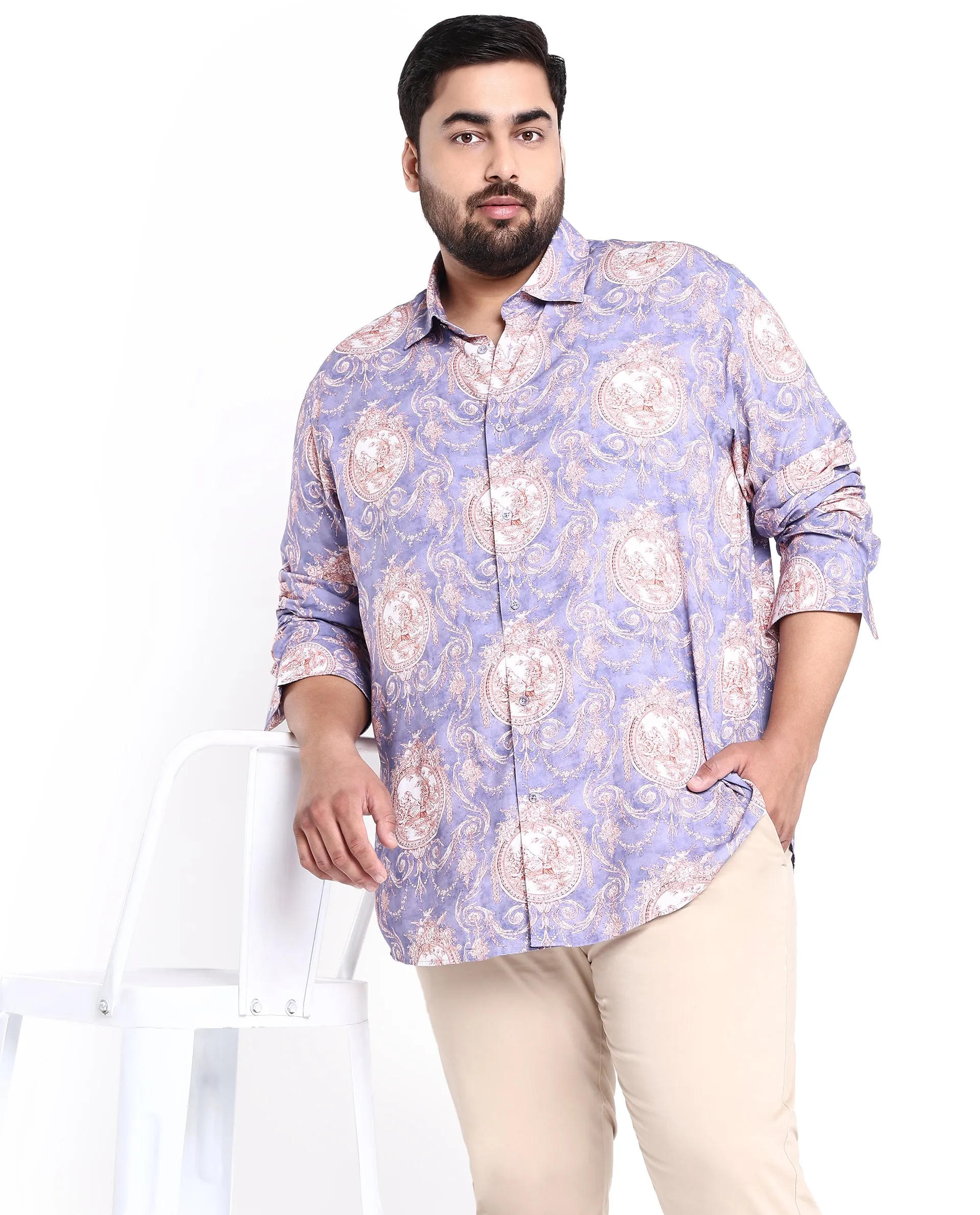 Rare Rabbit Men's Theon Dusky Purple Viscose Fabric Full Sleeves Floral Print Shirt Plus Size