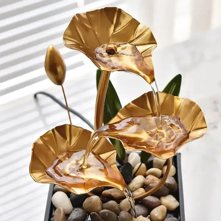 SCILLA Home Decor Ornaments with Waterfall Desktop Leaf Fountains, Deep Basin & Natural River Rocks Indoor Zen Relaxation for Office, Living Room, Bedroom Decor for Gift (Gold Lotus Fountain)