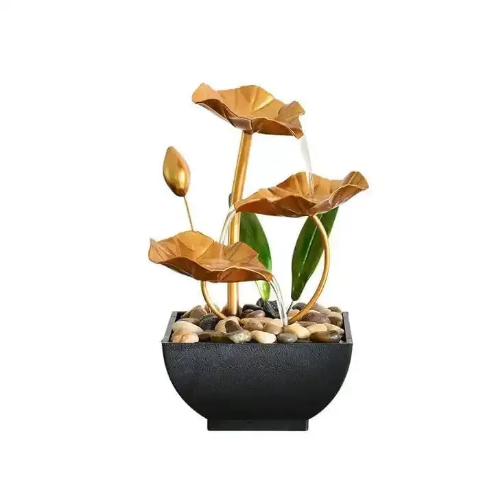 SCILLA Home Decor Ornaments with Waterfall Desktop Leaf Fountains, Deep Basin & Natural River Rocks Indoor Zen Relaxation for Office, Living Room, Bedroom Decor for Gift (Gold Lotus Fountain)