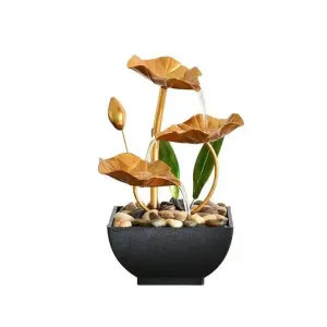 SCILLA Home Decor Ornaments with Waterfall Desktop Leaf Fountains, Deep Basin & Natural River Rocks Indoor Zen Relaxation for Office, Living Room, Bedroom Decor for Gift (Gold Lotus Fountain)