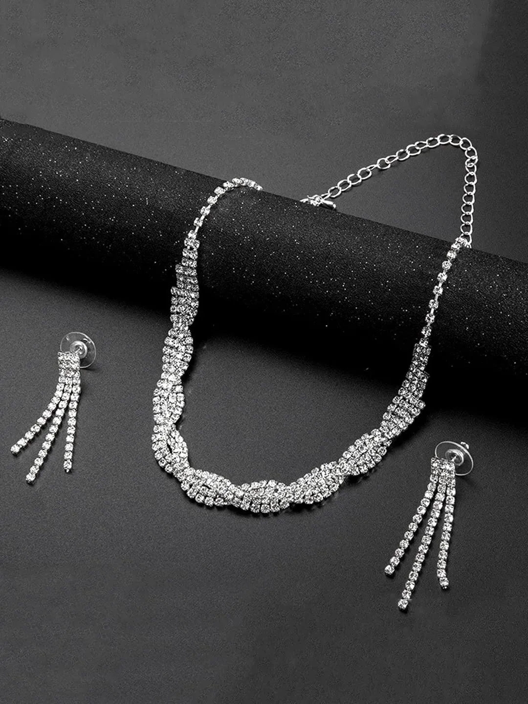 Yellow Chimes Jewellery Set For Women with Studded Classic Design Silver Plated White crystal Necklace Set (Design-10)