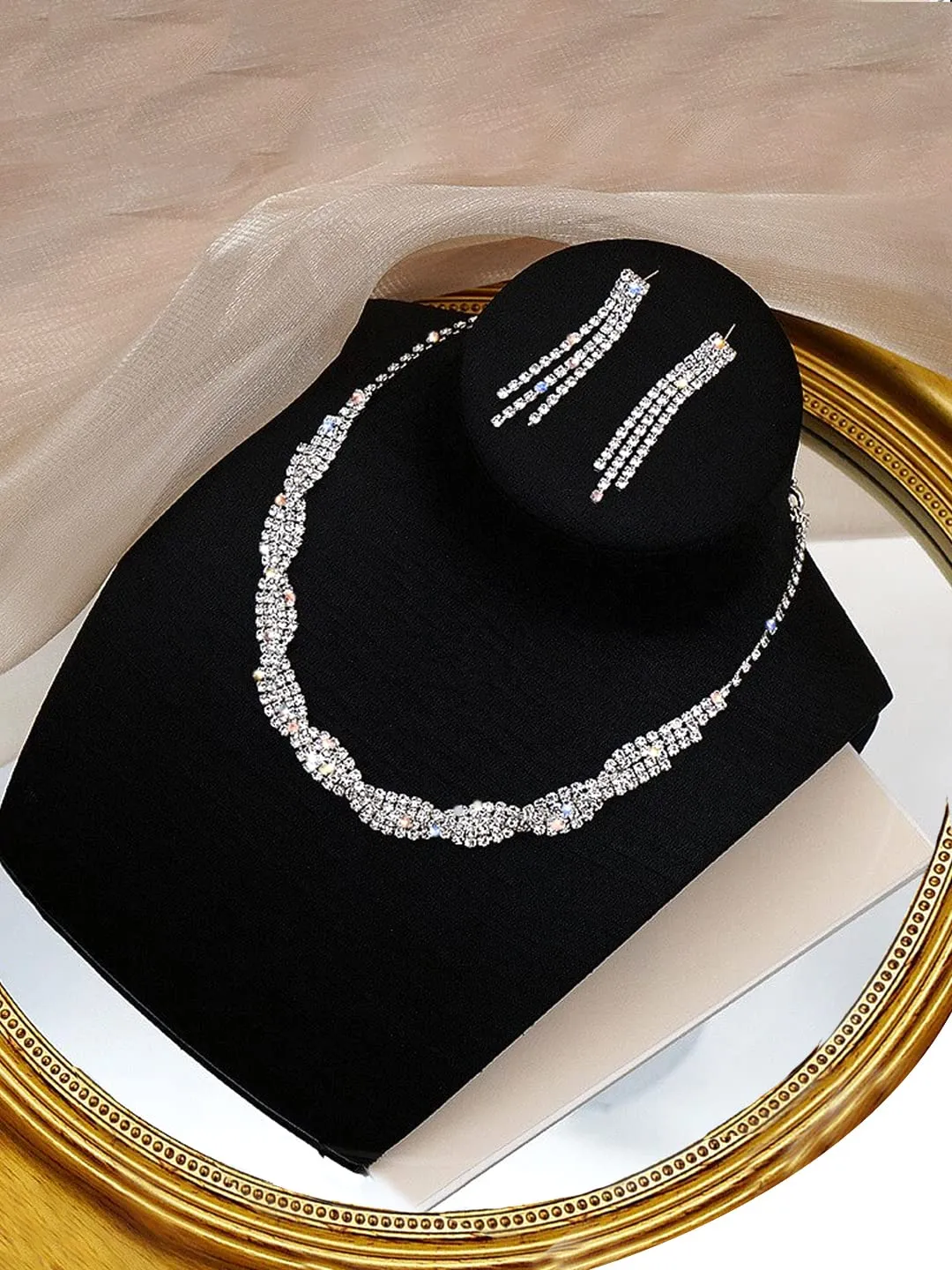 Yellow Chimes Jewellery Set For Women with Studded Classic Design Silver Plated White crystal Necklace Set (Design-10)