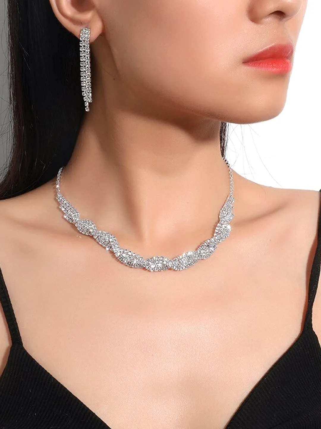 Yellow Chimes Jewellery Set For Women with Studded Classic Design Silver Plated White crystal Necklace Set (Design-10)